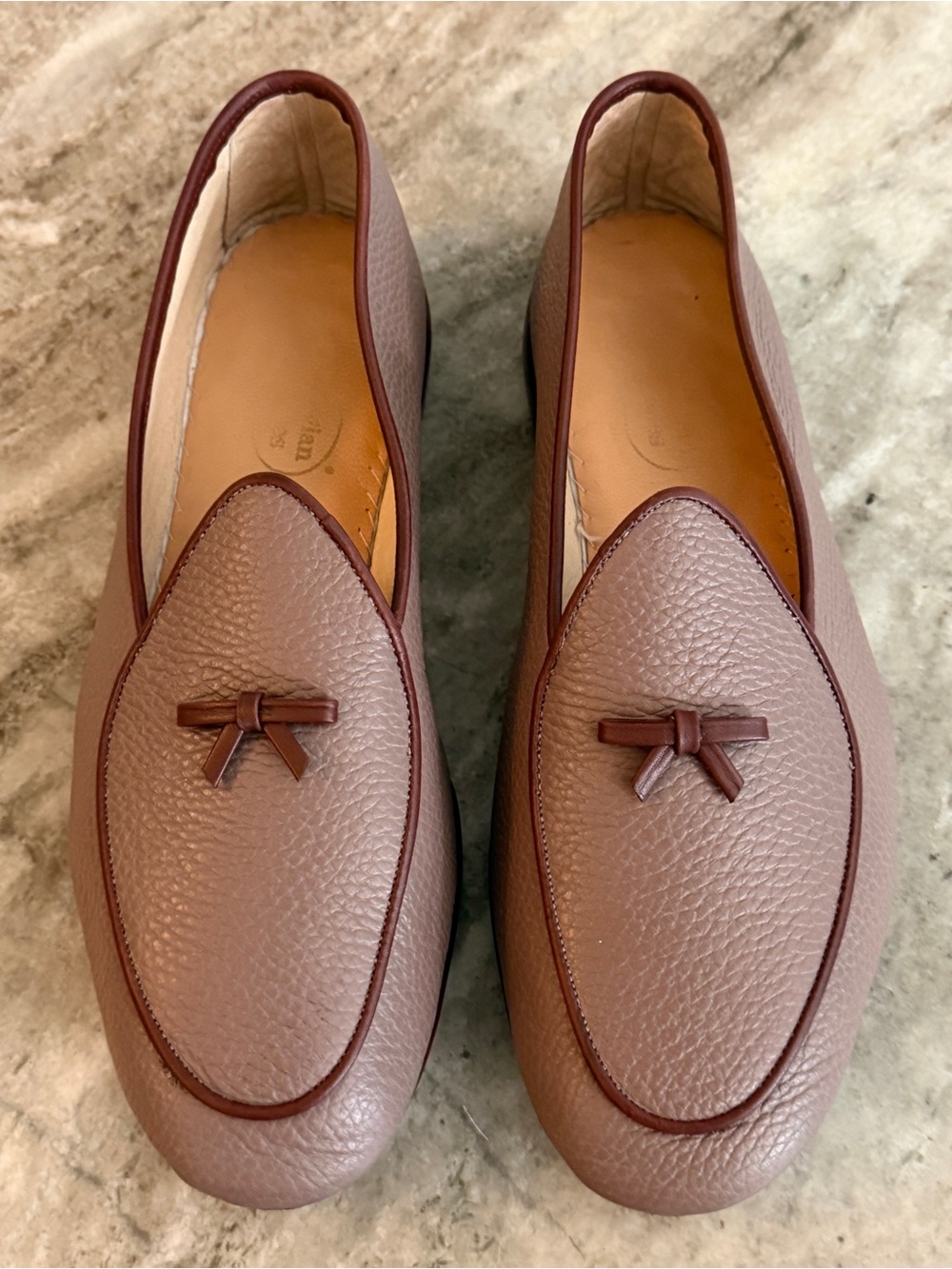BELGIAN SHOES MR CASUAL LOAFER TAUPE / BROWN SLIPPERS 8.5 $800 BOW TIE LEATHER
